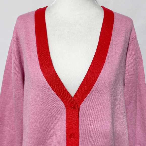 New Two Tone Button Front V-Neck Cardigan Sweater Pink Red Size Medium - Picture 6 of 15